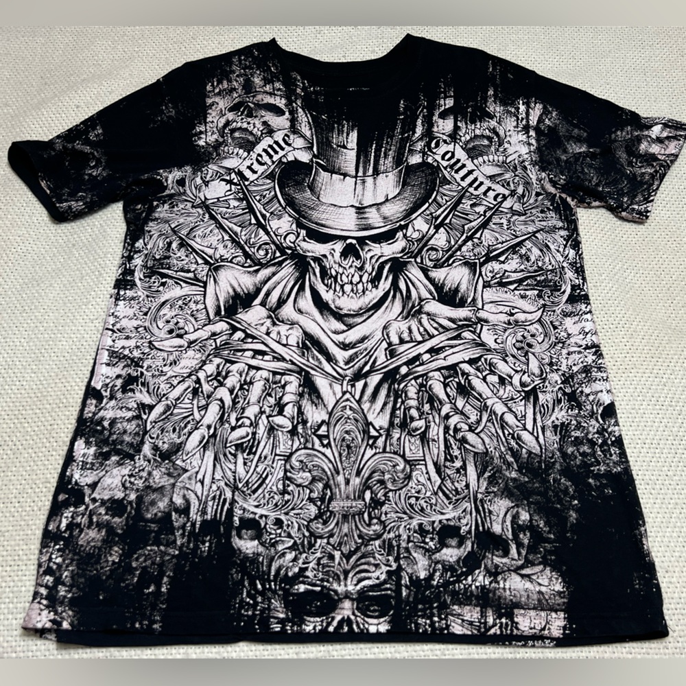 Vintage Y2K Xtreme Couture AOP Men's T-Shirt Skull Tattoo Biker Made In USA L